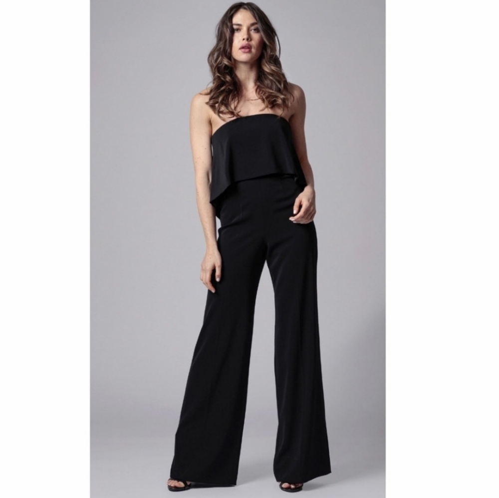 Jay Godfrey Moore Black Wide Leg Jumpsuit Size 0 Strapless Cut Out Back Classic